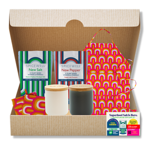 Spicewell - Product Mother's Day Set - New Salt And New Pepper Pouch Duo Pinch Pots With Scoops Set Radiant Arch Apron And Tea Towel