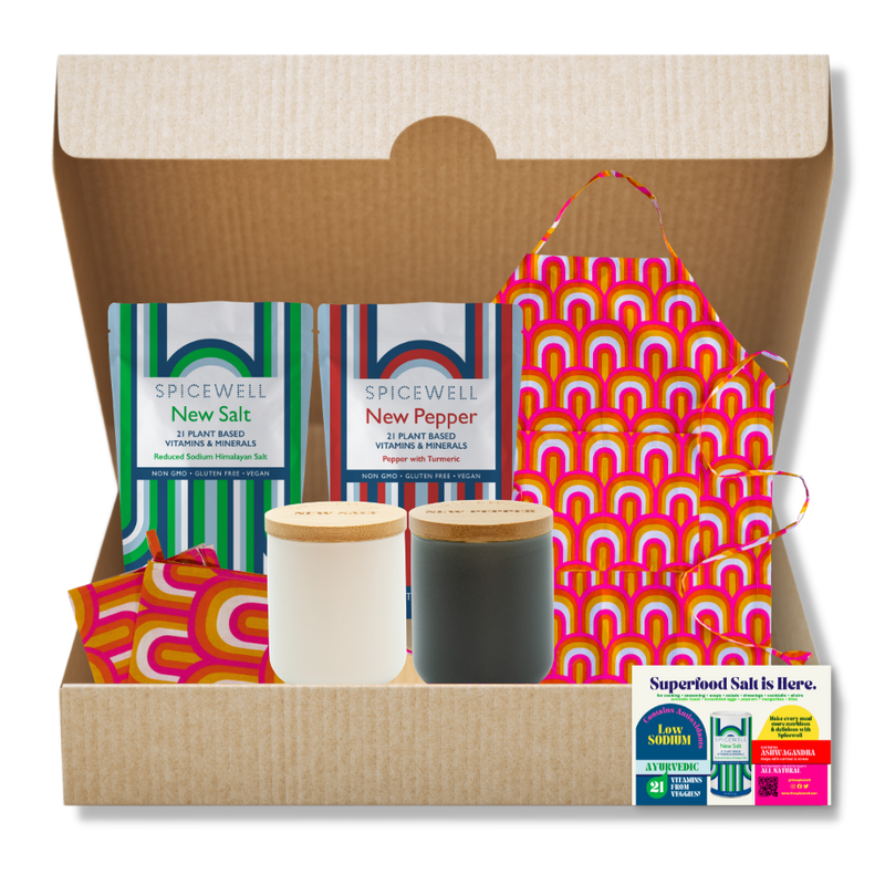 Spicewell - Product Mother's Day Set - New Salt And New Pepper Pouch Duo Pinch Pots With Scoops Set Radiant Arch Apron And Tea Towel