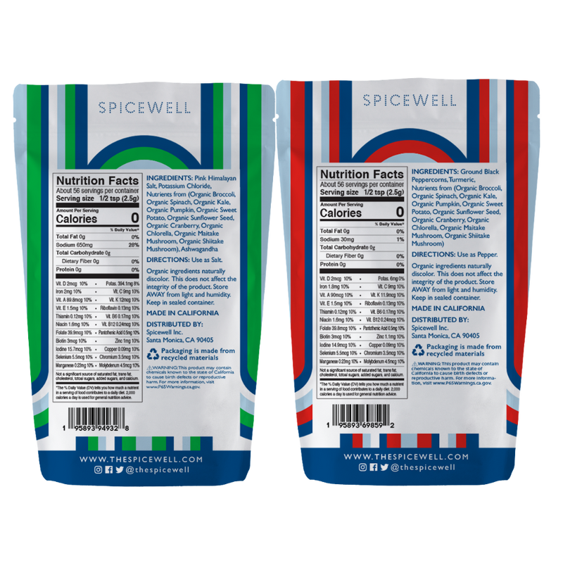 Spicewell - Product - Superfood New Salt And New Pepper Pouch Duo - Back With Nutrition Information And Ingredients List