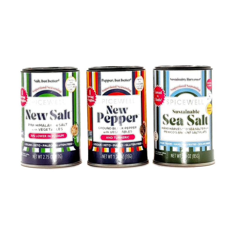 Spicewell mini shaker trio: New Salt, New Pepper and Sea Salt