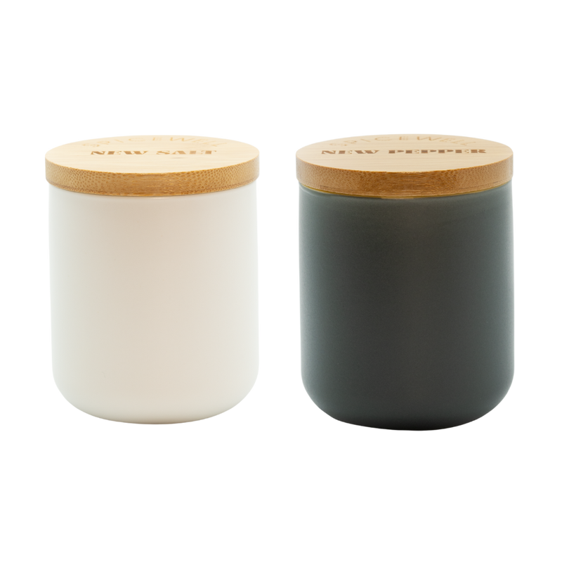 Spicewell - Product - New Salt And New Pepper Ceramic Pinch Pots Duo With Bamboo Scoops